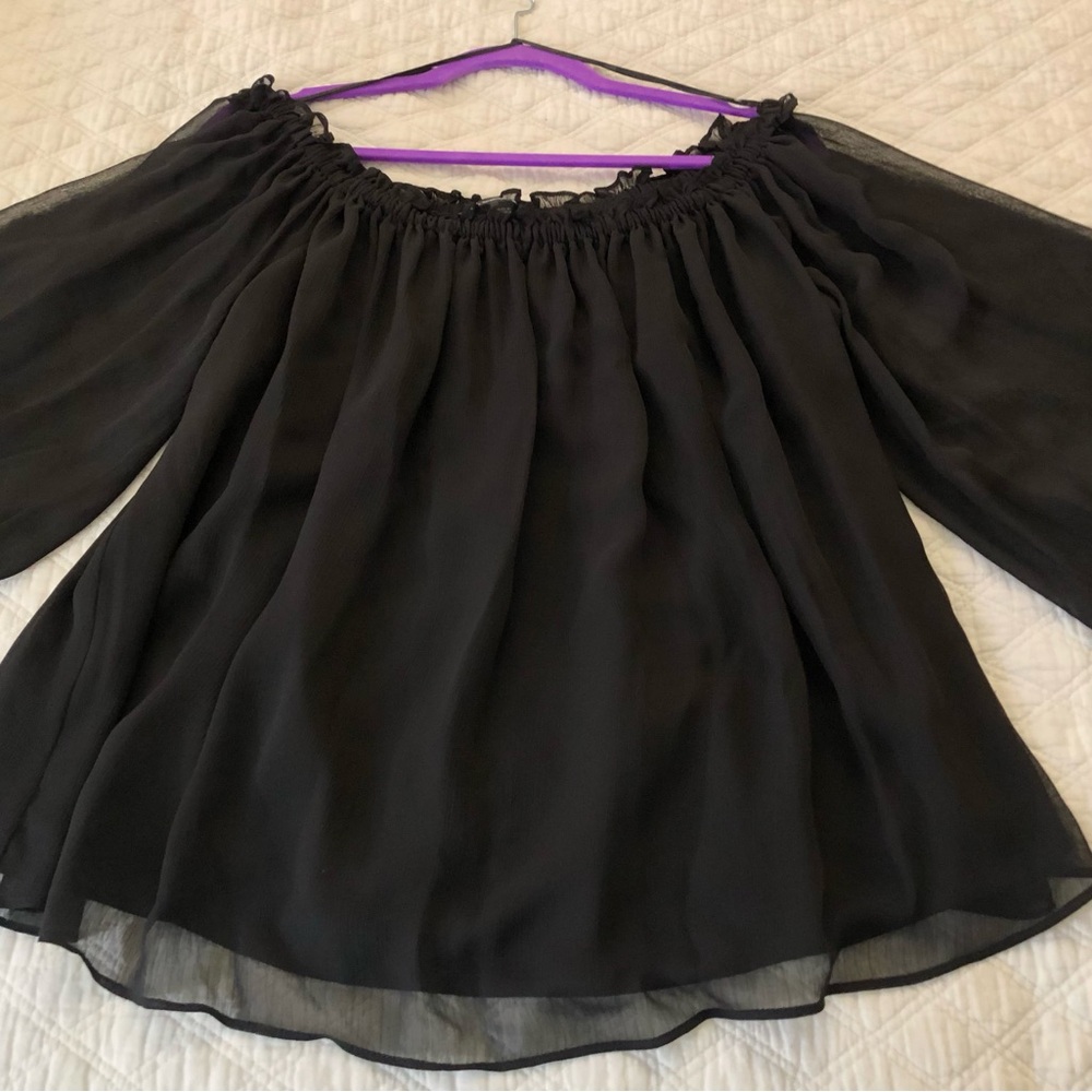 INC International Concepts Black Off-Shoulder Sheer Peasant Top